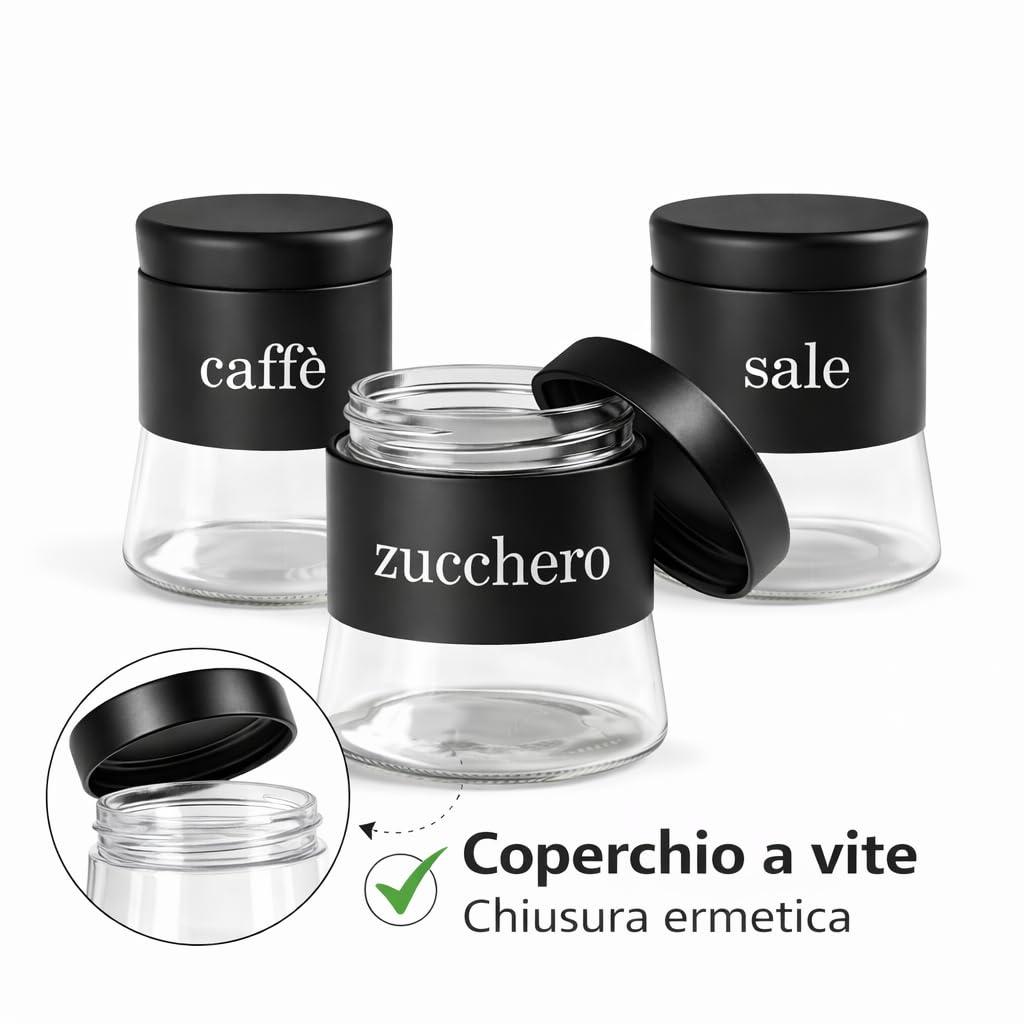 Set 3 Barattoli in Vetro 750 ml per Sale, Zucchero e Caffè – Contenitori con Coperchio – Eleganti, Resistenti, Ideali per la Cucina, Vari Colori (NERO)