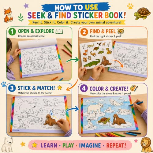 Image of Seek & Find Sticker Activity Book for Kids 4+ | 300+ Animal Stickers, 14 Scenes to Color | Search, Match, Stick & Coloring Activity Pad | A4 Size Creative Learning Book