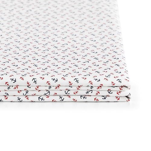 Image of Tommy Hilfiger - Full Size Sheet Set, Soft Cotton Percale Bedding with Crisp Cooling Comfort, Deep Pocket Fitted Sheet with Matching Pillowcases, Americana Decor (Atlantic Anchors Red /Blue)