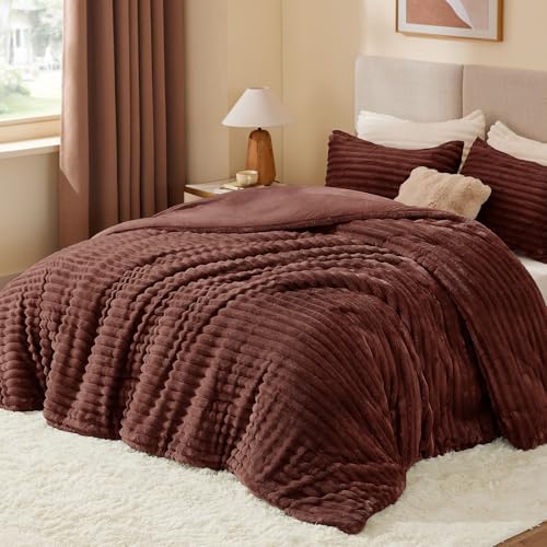 Image of BEDELITE Fleece King Comforter Set -Super Soft & Warm Fluffy Hot Chotolate Bedding, Luxury Fuzzy Heavy Bed Set for All Season with 2 Pillow Cases