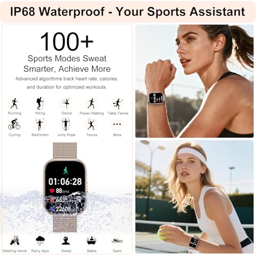 Montre Connectée Femme Homme avec Appel Bluetooth, Batterie de 1000 mAh, 1.75" Smartwatch avec Podometre/Sommeil/Cardiofrequencemetr/110+ Sportifs, IP68 Montre Intelligente pour Android iOS, Or Rose – vue 4