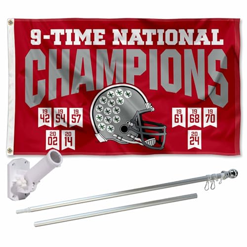 College Flags & Banners Co. Ohio State Buckeyes 2024 and 9 Time National Champions Flag with Pole and Bracket Holder University Set