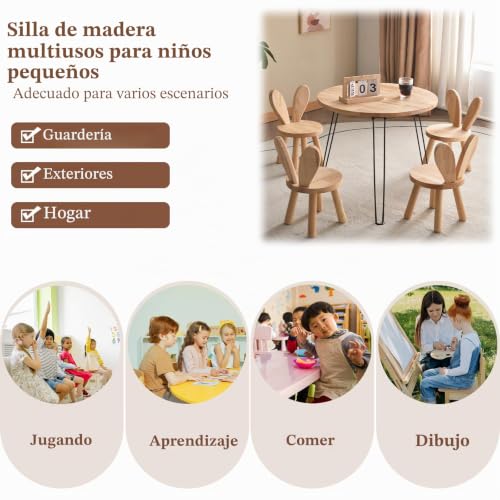 Miniatura 4 de Yier Mei Taburete De Madera Maciza Personalizado Con Forma De Orejas De Conejo Para Niños, Silla Pequeña, Muebles Redondos De Madera Para Comer, Leer Y Jugar Color Madera