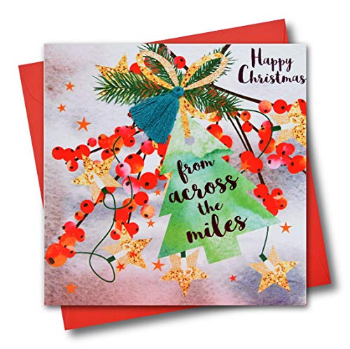 Claire Giles Greeting Cards, Happy Christmas Card, From Across the Miles, Berries design xmas Greeting Card, Embellished with a Colourful Tassel