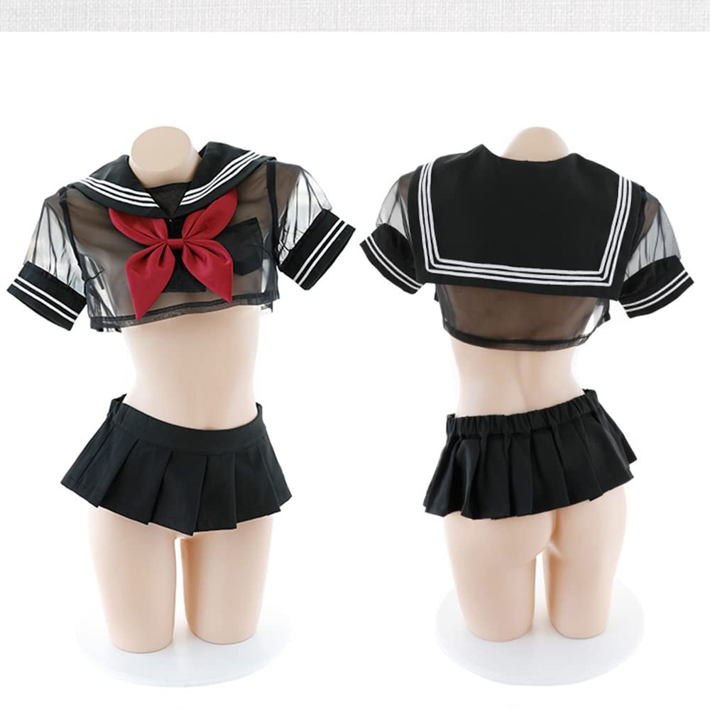 Temptshow Sexy Cosplay Sailor Suit Schoolgirl School Uniform Underwear Set Mini Dress: Black