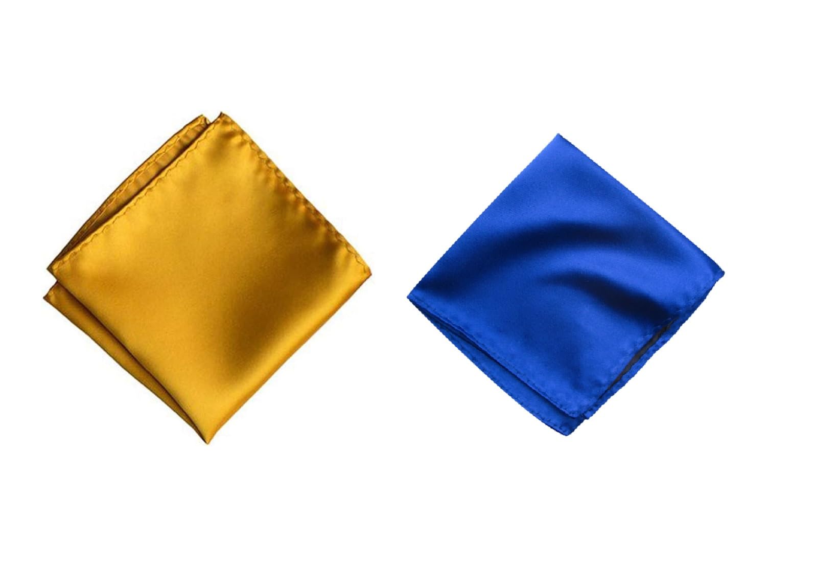 Men's Pocket Square Set – Mustard & Royal Blue (Pack of 2) | 10x10 inch Satin Handkerchief for Suit, Sherwani, Blazer, Tuxedo & Festive Wear-image-8