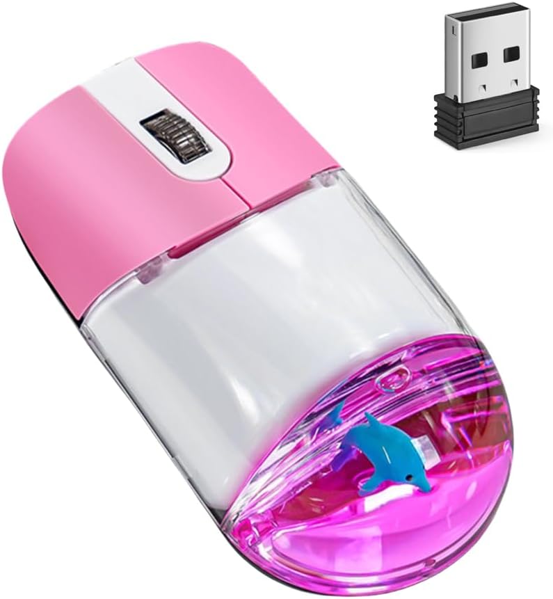 Wireless Mouse Cute Pink Aqua Water Mice Aesthetic Clear Silent Optical Portable Lightweight Retro Mice for PC Laptop Computer Macbook Kids Girl Women Gift with Liquid Water Section & Floater Dolphin