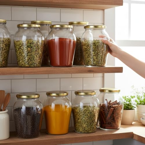 Image of ginoya brothers 1 Liter Matka Shape Glass Jar and Glass Container for Kitchen with Air Tight Lid-Pack Of 8
