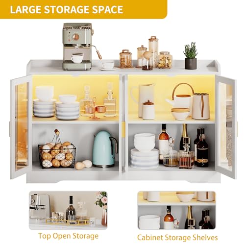 DWVO 55'' Sideboard Buffet Cabinet with LED Light, Coffee Bar Cabinet with 4 Doors & Adjustable Shelves, Large Storage Cabinet for Kitchen, Dining Room, Living Room, White