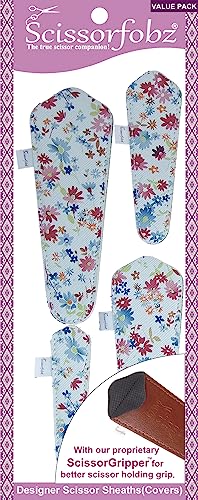 SCISSORFOBZ Designer Scissors Sheaths Shears Protective Covers-4 pcs Assorted Size Value Pack - White Multicolor Floral Garden Design-#4-301