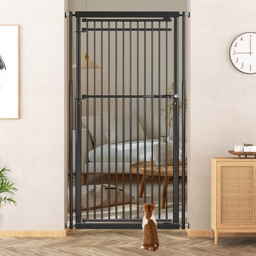 WIDERSAFER 78.8 Extra Tall Cat Gate 28.3-33 Wide Safety Metal Cat Door Pressure Mounted Easy Walk Through Pet Gate with Door for Stairs Doorways Black