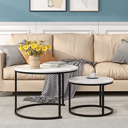 Image of HOJINLINERO Nesting Round Coffee Table Set of 2 End Tables for Living Room,Stacking Side Tables,Circular and Marble Pattern Wooden Accent Furniture with Metal Frame,Nesting Tables
