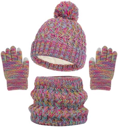 Maeau 3-in-1 Winter Beanie Hat Scarf and Gloves Set, Boys Girls Knitted Winter Accessories Sets Warm Fleece Lined Scarf Pom Bobble Hat and Fingers Touch Screen Gloves Sets 1-6 Y