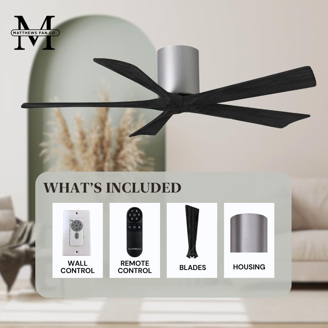 Matthews IR5H-BN-BK-60 Irene Damp Rated 60" Flush Mount Ceiling Fan with Remote & Wall Control, Silent DC Motor, 5 Matte Black Solid Wood Blades, Brushed Nickel