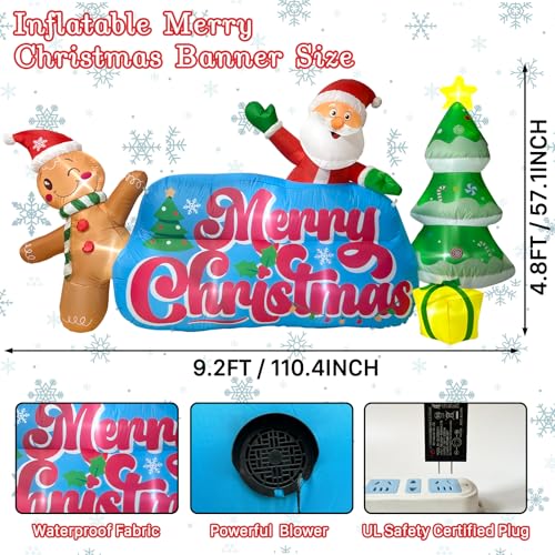 OILCUP 9.2 FT Inflatables Merry Christmas Banner with Santa, Gingerbread Man & Christmas Tree, Blow Ups Outdoor Inflatables Sign with Build-in LEDs for Lawn Yard Winter Holiday Xmas Party Decor by OILCUP - Used condition - Image 3