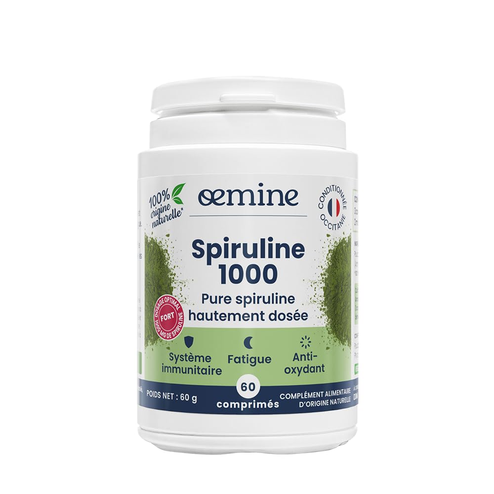 Oemine Spiruline 1000 - 60 Comprimés Vegan - Algue Super Nutritive, Richesse Vitale en B12, Fer, Vitamines & Protéines - Complément Alimentaire Vegan et Idéal pour les Sportifs