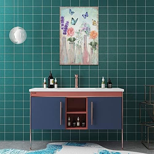 LB Stampe su Tela Agriturismo Daisy Poster da Parete Fiore giallo con farfalla verde acqua Arte Muraria Rustico Floreale Parete Decorazione per Bagno Camera da Letto Soggiorno,30x40cm Senza Cornice
