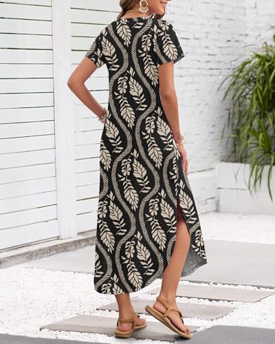 Image of MISFAY Women's Summer Maxi Dress 2026 Casual Short Sleeves V Neck Loose Sundress Split Long Beach T Shirt Dress