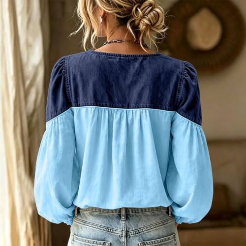 Western Tops for Women V Neck Puff Long Sleeve Button Down Denim Shirt - image 4