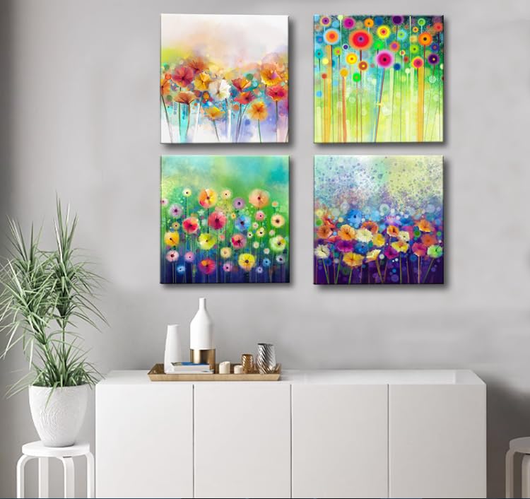 Image of Colorful Flowers Canvas Wall Art, Abstract Floral Artwork Painting Prints Modern Watercolor Pictures Framed for Living Room Bedroom Bathroom Office Home Decor - 12 inchx12 inch