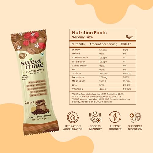 Image of Sugar Free Coffee Electrolyte Drink Mix Sweetened With Stevia -5g (20 Sachet) No Preservatives and Chemicals | Offers 10x more Electrolyte | Keto Friendly Vegan