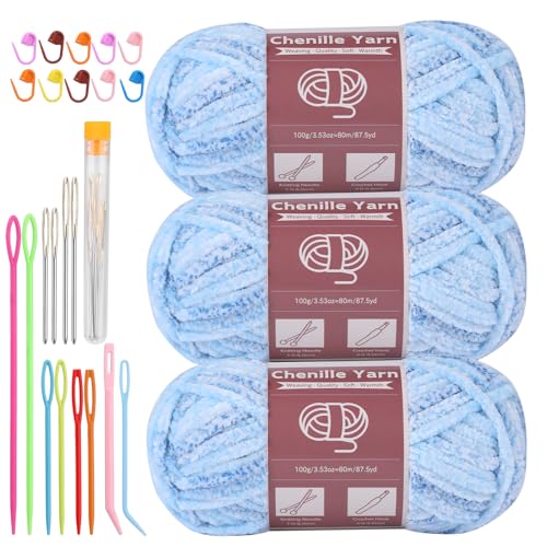 Image of LUNARM Chenille Yarn for Crochet Knitting Chunky Blanket Velvet Yarn | 3 Pack 3.5oz /100g 263 Yard Blue Gradient Chenille Yarn for Beginners Knitting Scarves with Big Eye Needles Machine Washable