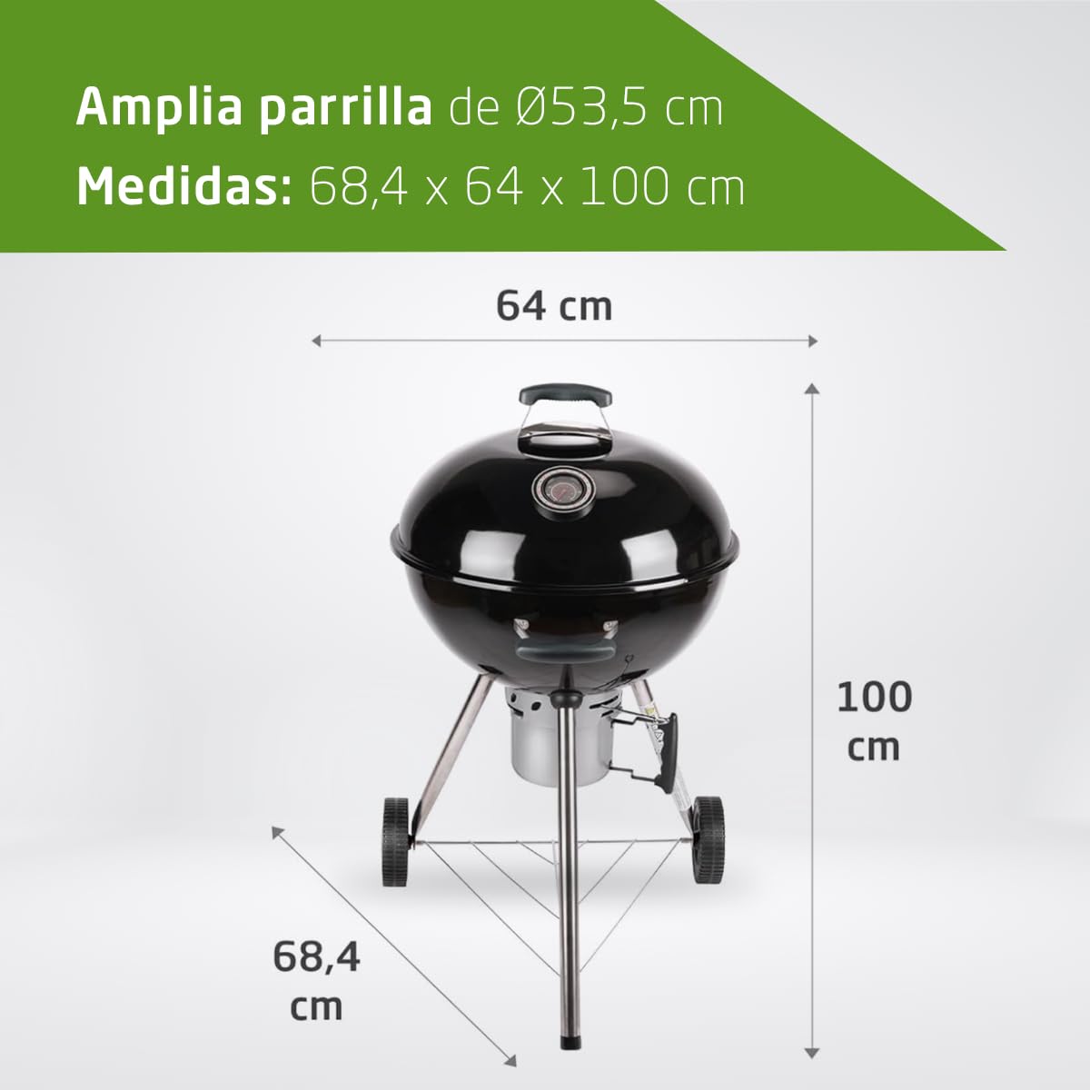 Amig - Barbacoa Portátil Fireplus de Carbón - Barbacoa Redonda con Tapa y Ruedas - Con Sistema de Ventilación y Depósito de Cenizas - Parrilla de Acero de Ø53,5 cm - Medidas: 68,4x64x100cm