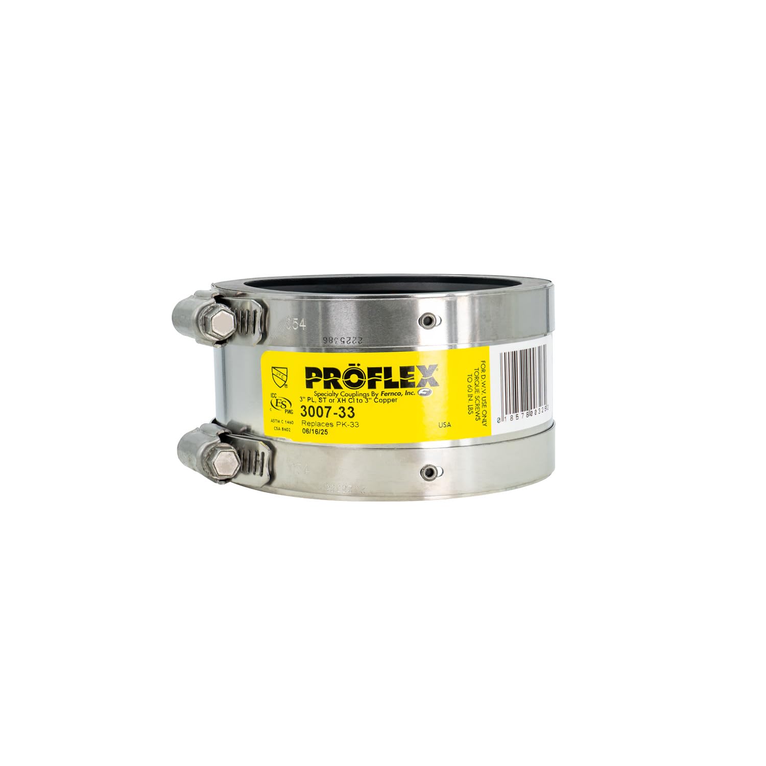 ProFlex P3007-33 3" Shielded Above Ground Pipe Coupling for Plastic, Steel or Extra-Heavy Cast Iron to Copper Plumbing Connections