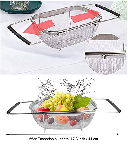 Image of KRESHU Stainless Steel Oval Fine Mesh Colander Strainer with Rubber Grip Handle| Multi-Functional Large Over The Sink Basket Expandable Drainer for Rinse Vegetables Fruits 35.6x25.4x11.4 (Pack of 1)