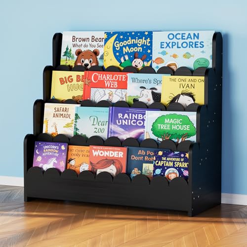 Image of SpaceAid 4-Tier Scalloped Bookshelf, Montessori Bookcase for Toddlers, Wooden Book Shelf Organizer Display Furniture for Kids Rooms, Playroom, Nursery and Classroom, 29.6 inch Wide, Black