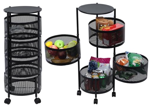 Estante redondo de almacenamiento de cocina de 5 niveles con cesta de frutas giratoria movible, estante de metal para verduras para aperitivos y más