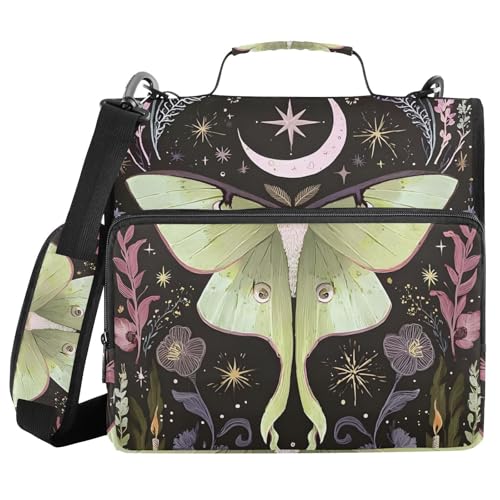 Image of 3 Ring Zipper Binder with Shoulder Strap Green Luna Moth Flowers Moon Stars 1.5 inch Binders Keeper Large Capacity Multi Pockets for School Office Supplies