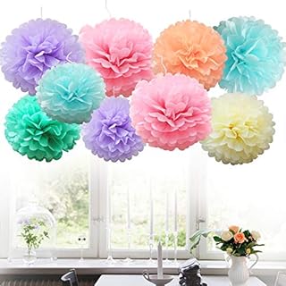 Time to Sparkle 9 Pack Mixed Tissue Paper Pompoms Pom Poms Flower Wedding Party Decoration (9X Poms-Pastel)