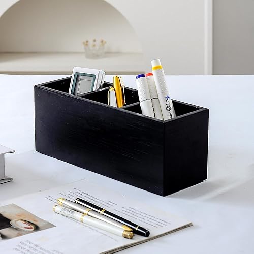 Miniatura 4 de Soporte para lápices de madera para escritorio, soporte para control remoto, organizador de almacenamiento de escritorio con 3 compartimentos,