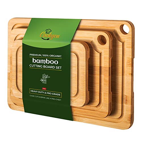 Organic Bamboo Cutting Board with Juice Groove, Wooden Cutting Boards for Kitchen, Wood Cutting Board Set of 3Medium