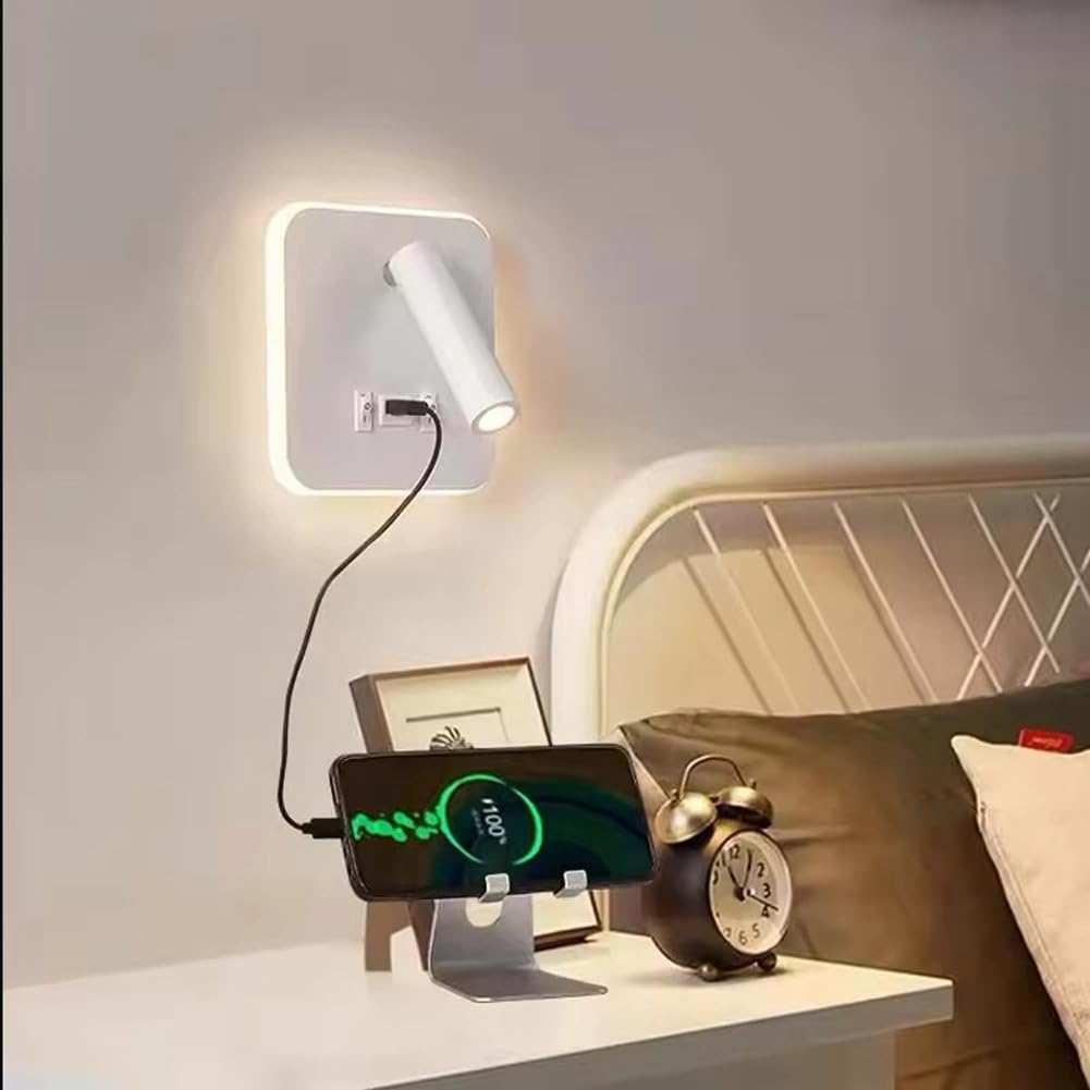 Lámpara de Lectura de Pared con Interruptor, Puerto USB, lámpara giratoria para mesita de Noche, Aplique de Dormitorio con Foco LED.