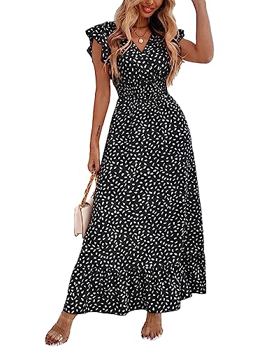 LYANER Women's Floral Print V Neck Ruffle Cap Sleeve Ruffle Hem Flowy Midi Dress