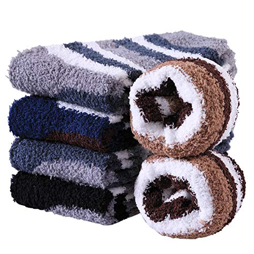 Image of FNOVCO Mens Fuzzy Socks - Soft Cozy Slipper Fluffy Winter Warm Microfiber Plush Sleeping Socks - 5 to 6 Pairs