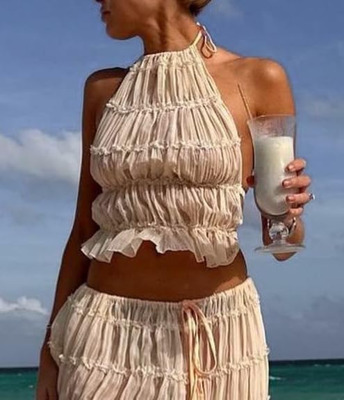 Passec Open Back Halter Tops for Women Bow Tie Back Ruched Ruffle Crop Tops Smocked Y2K Going Out Camisoles - Image 2