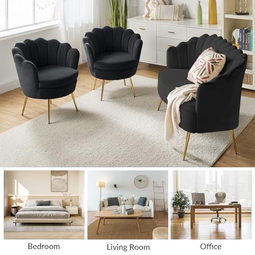 Image of HULALA HOME 3 Piece Velvet Living Room Furniture Set, Including Loveseat & 2 Sofa Chairs, Modern Comfy Upholstered 2-Seater Sofa & Accent Chair Set for Bedroom, Flower Shaped Back & Gold Legs, Black