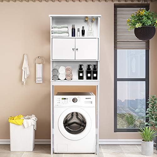 COSTWAY Over Toilet Cabinet, Freestanding Washing Machine Rack with Open Shelves and Doors, Space-saving Bathroom Laundry Storage Organiser Cupboard Unit (White, 63 x 19 x 175cm)