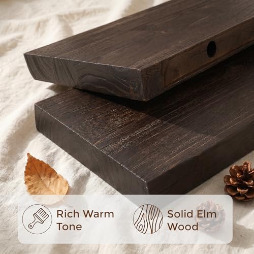 Image of Dreamland 24 Inch Floating Shelves, Rustic Elm Wood Live Edge Wall Shelf for Home Decor, 8 Inch Deep Floating Shelf for Wall, 24 x 8 Bathroom Shelves Set of 2, Walnut Color