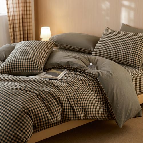 Image of EAVD Vintage Style Plaid Duvet Cover Set Full Soft 100% Washed Cotton Retro Black&Beige Grid Checkered Bedding Set with 2 Pillowcases Neutral Gingham Plaid Comforter Cover with Zipper Closure