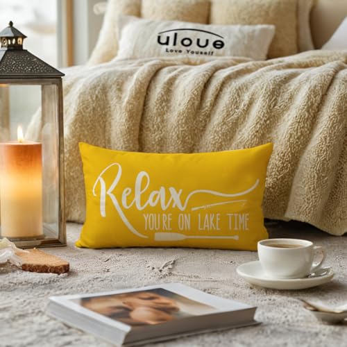 ULOVE LOVE YOURSELF Lake House Decor Throw Pillow Covers Life is Better At The Lake Signs Fishing Boating Theme Pillowcases Lake Life Decorative Lumbar Cushion Cover 12×20 Inch,2Pack (Yellow) — view 2