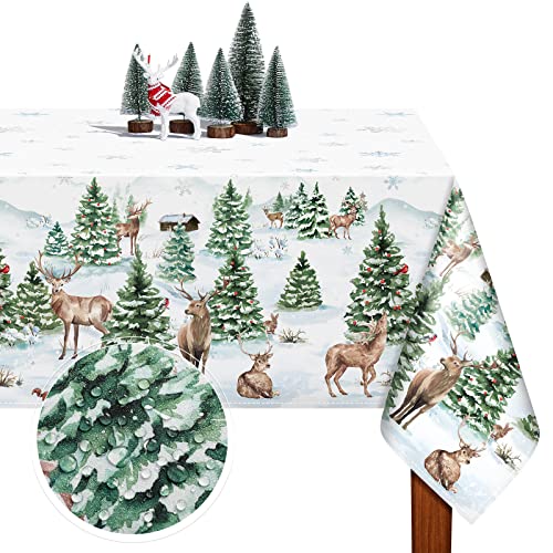 Tiamon Winter Reindeer Tablecloth Polyester Christmas Snowflake Deer Table Cover Winter Party Table Cloth With Xmas Tree Reindeer Snowflake For Winter Holiday Party Decor Supplies, 60 X 84 Inch #TOP21