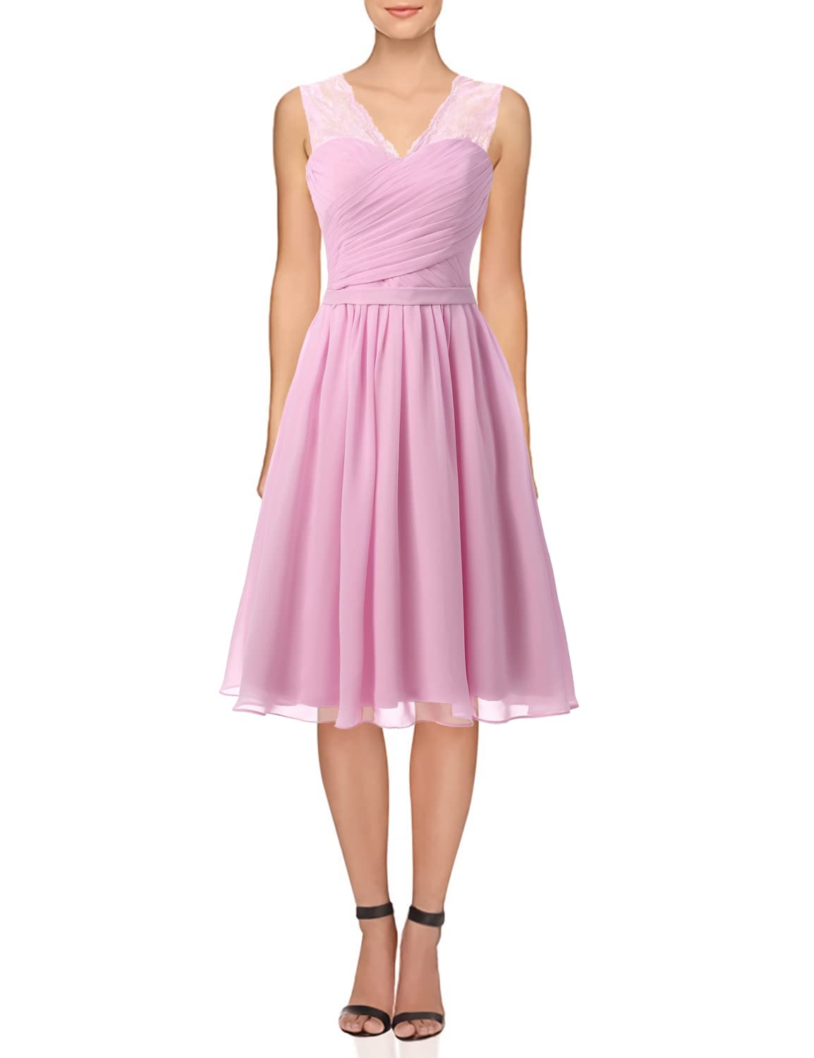 Women's Lace Short Bridesmaid Dresses Chiffon V-Neck Prom Formal Dress Evening Party Gowns Pink US2