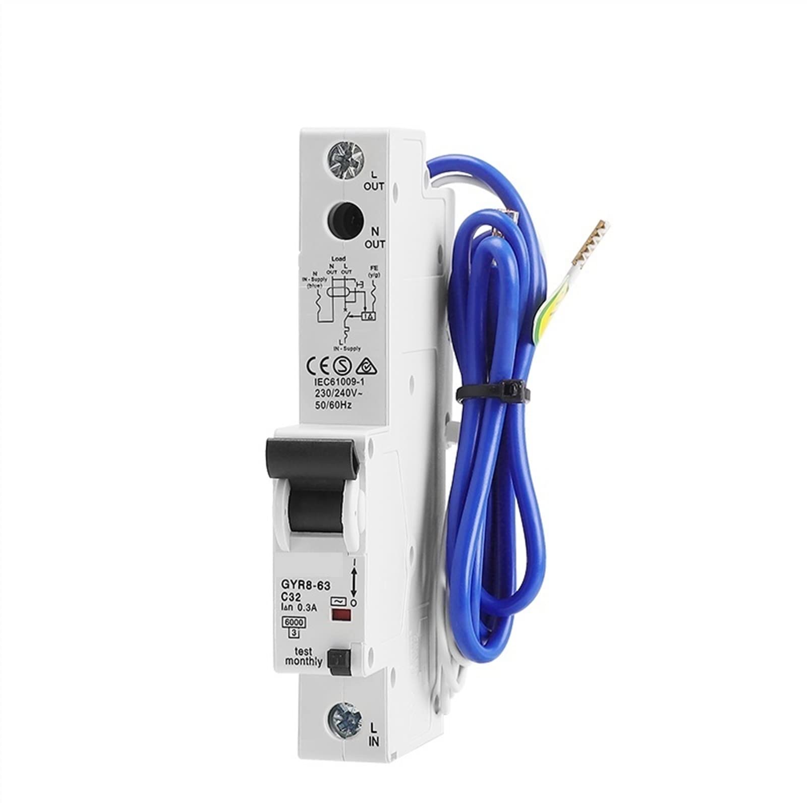 GYR8 elektroniczny wyłącznik różnicowy 18 mm 230 V 1P+N 6 kA z zabezpieczeniem nadprądowym 32 A 10 mA 30 mA, 1 szt. (30 mAh, 20A)