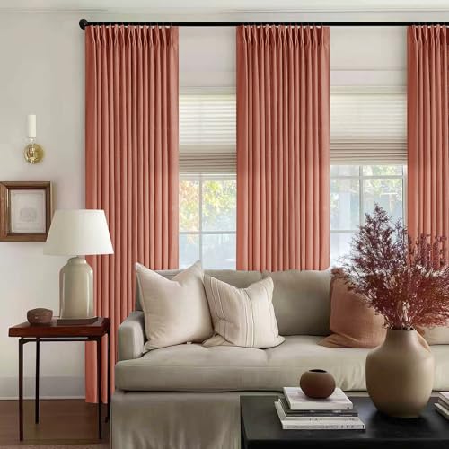 Image of Pleated Farmhouse Firebrick Linen Curtains 102 Inches Long for Living Room | Pinch Pleat Drapes with Hooks Rings for Track System, Light Filtering for Bedroom Sliding Patio Door, 2 Panels W40xL102