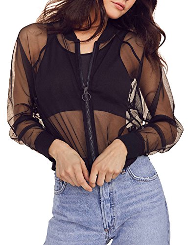 HaoDuoYi Womens Black See Through Mesh Zipper Jacket Coat(XXL,Black)