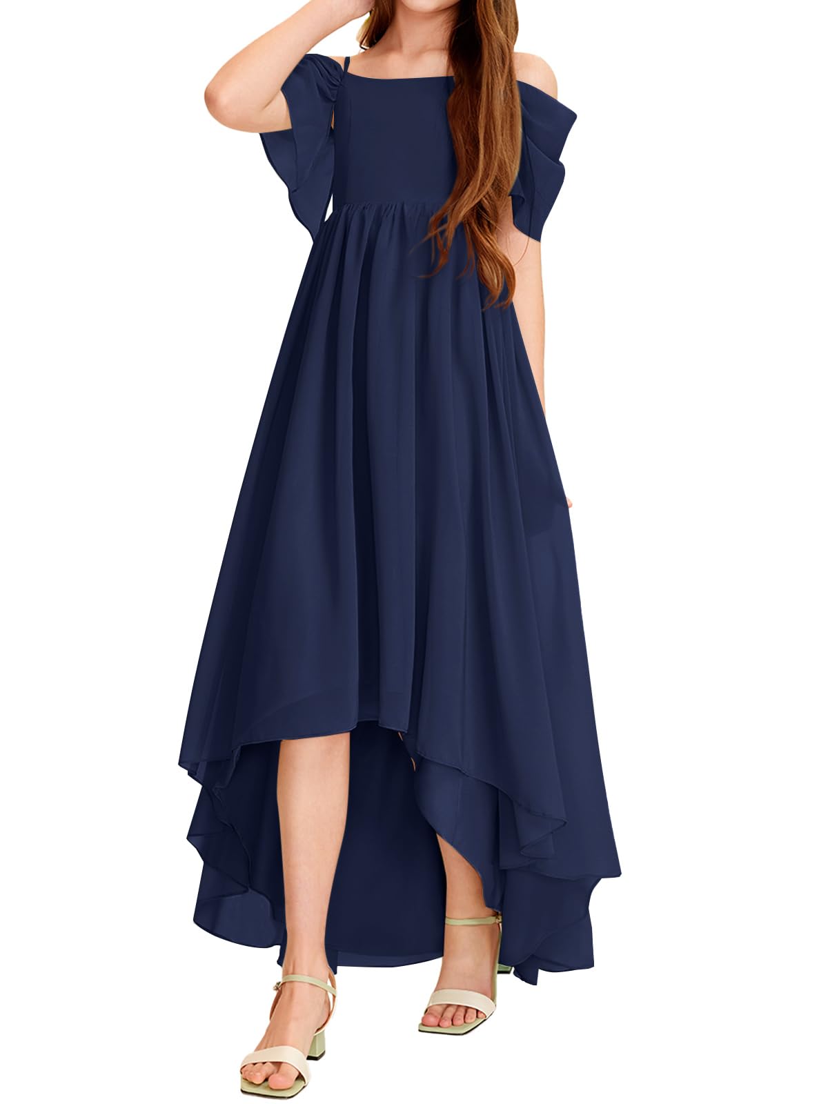 Haloumoning Robe d'été pour fille, épaules dénudées, volants, ligne A, couleur unie, élégante, robe de fête, mariage, anniversaire